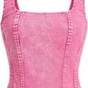 WDIRARA Women's Denim Corset Tank Top Asymmetrical Hem Crop Tops Sleeveless Zip Up Back Tanks (Medium, Pink)