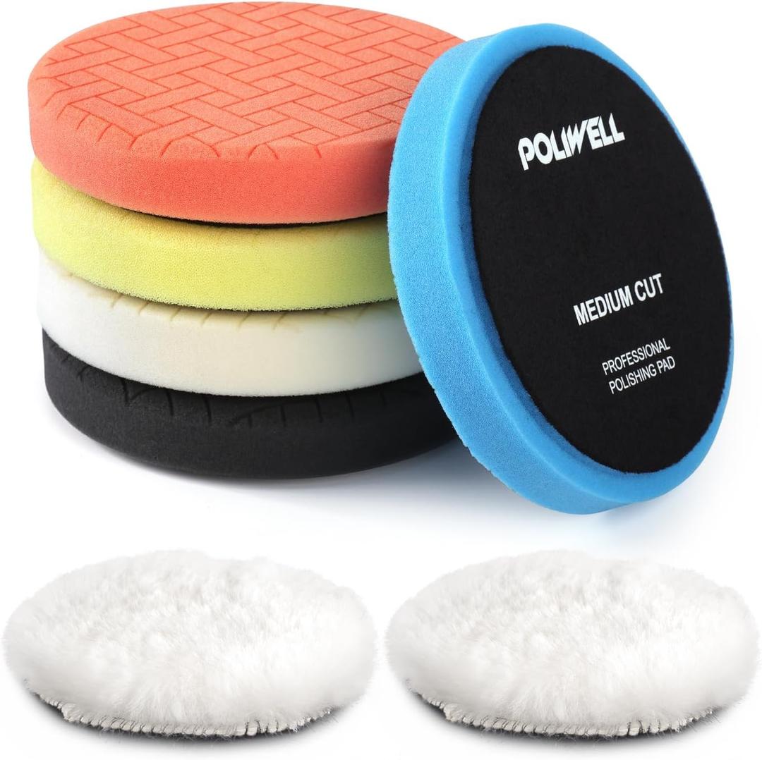 POLIWELL Buffing Polishing Pads 5 Inch, 7Pcs Buffing Sponge Pads Kit 5.5" Face for 5" Backing Plate, Compound Cutting Foam Pads, Wool Pad for Car Buffer Polisher, Compounding Polishing and Waxing