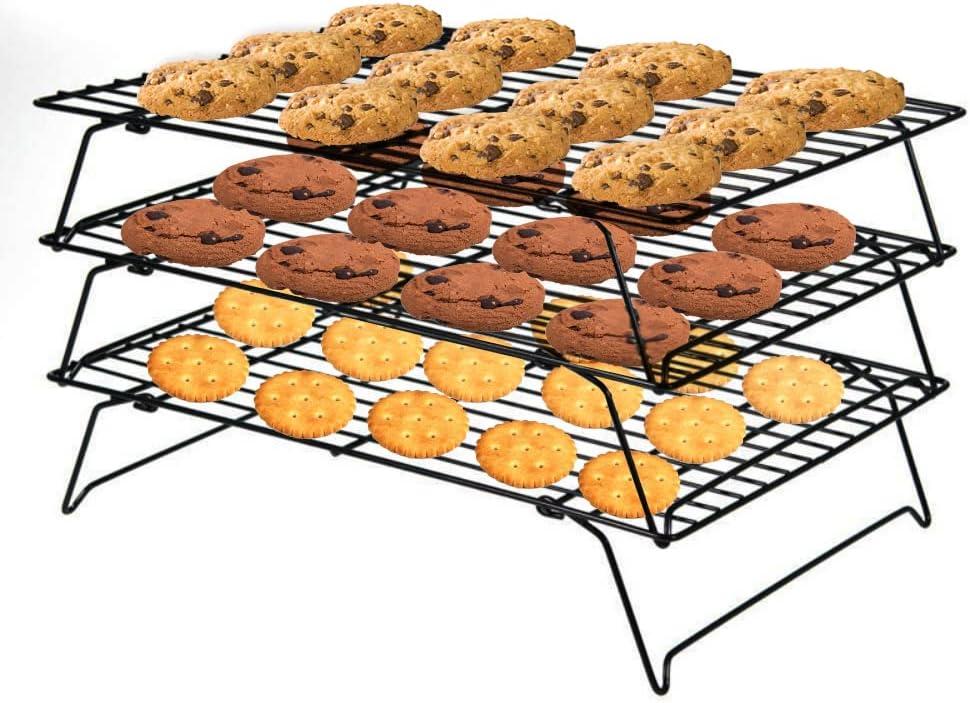 PowerKing 3 Tier Cooling Rack, Foldable Non-Stick Stainless Steel Wire Cake Rack for Pies, Cookies, Pastries, Home Baking, Birthday Party, Wedding Party 15.7'' x 10'' (Black 3 Tier)