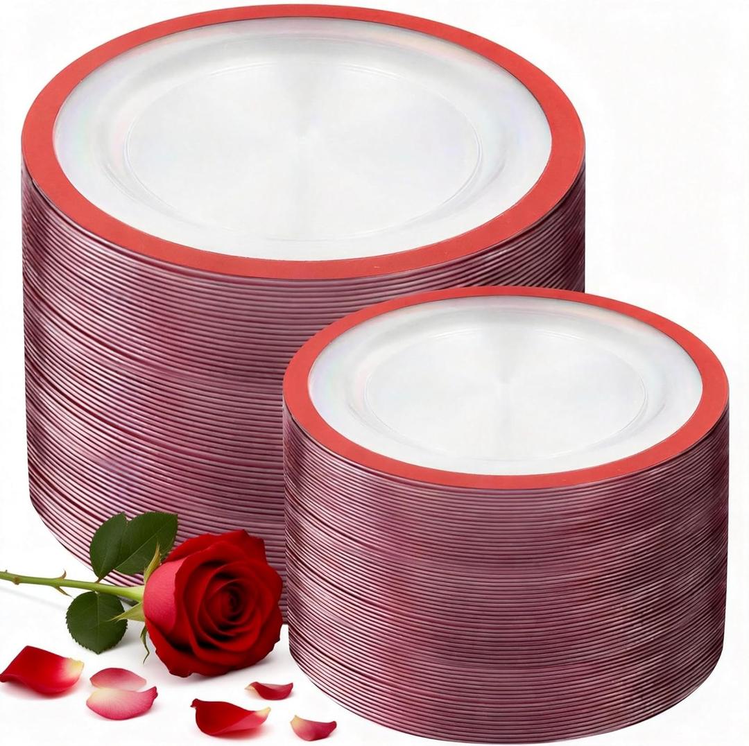 U-QE 200PCS Red Plastic Plates - Red Plastic Plates Disposable Heavy Duty - Fancy Disposable Plate Include 100 10" Dinner and 100 7" Dessert Platos for Party, Wedding & Special Moments