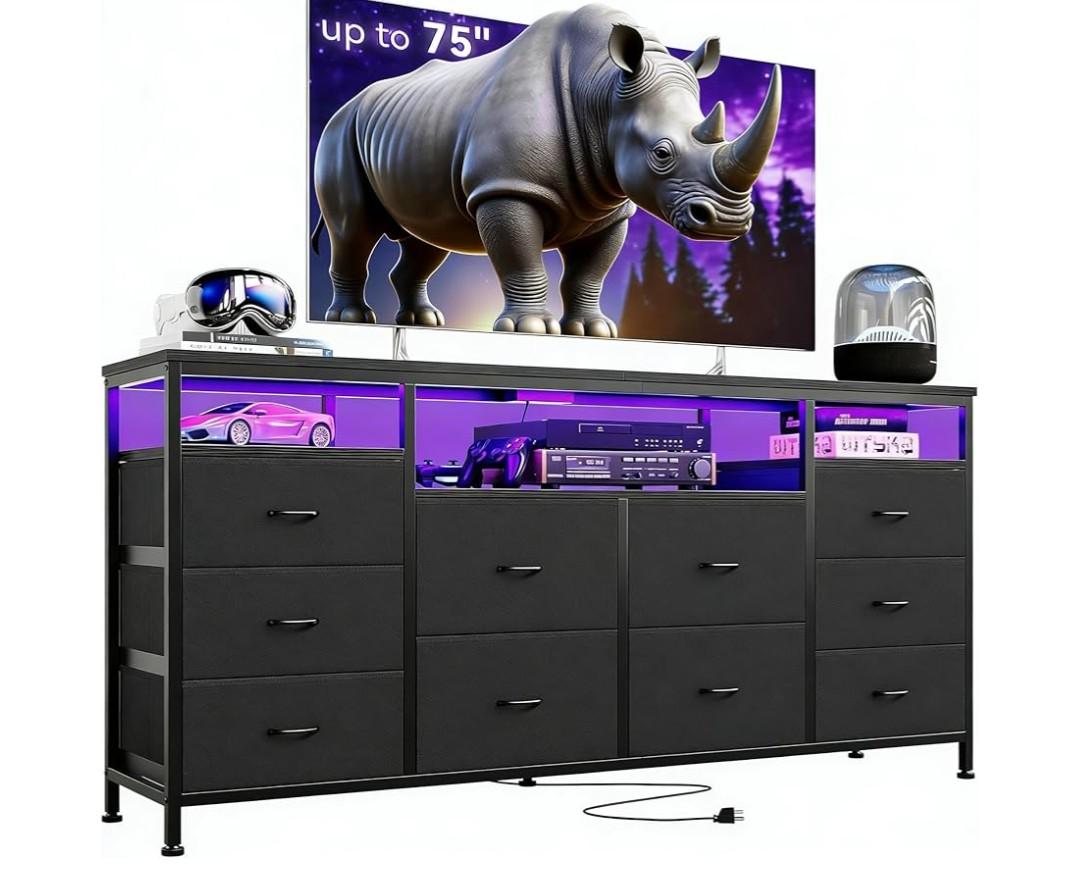 Garvee 63 Inch TV Stand for 65–75 Inch TV, Entertainment Center with 10 Fabric Drawers, LED Lights, Power Outlets & Open Storage Shelves