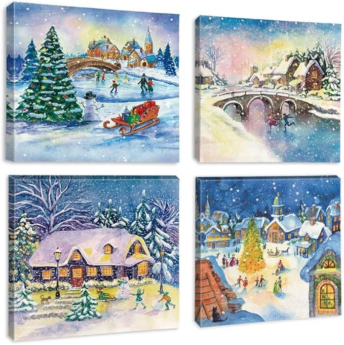 Artscope 4 Pieces Christmas Wall Art Canvas Prints - Snow Scene Picture Painting - Modern Wall Artwork Framed for Gifts Bathroom Home Kitchen Office Christmas Decor - 30 x 30 CM