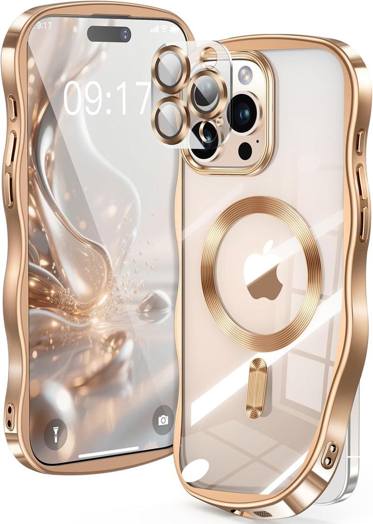 [CD Ring & Curly Wave Edge] for iPhone 15 Pro Case, 2025 Upgraded [Full Camera Protection] [Compatible with MagSafe] Plating Soft Non-Yellowing Clear Case for 15 Pro 6.1 " Men Women ,Titanium Gold