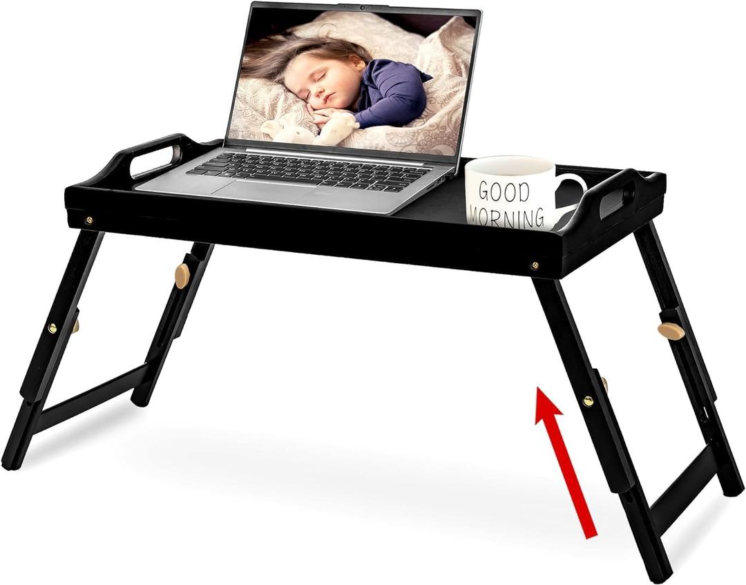 Large Breakfast Bed Tray for Eating - Height Adjustable Raised Food Table - Bamboo Serving Tray on Lap Sofa - Portable Snack Platter with Folding Legs Ideal for Bedroom Picnic - Black