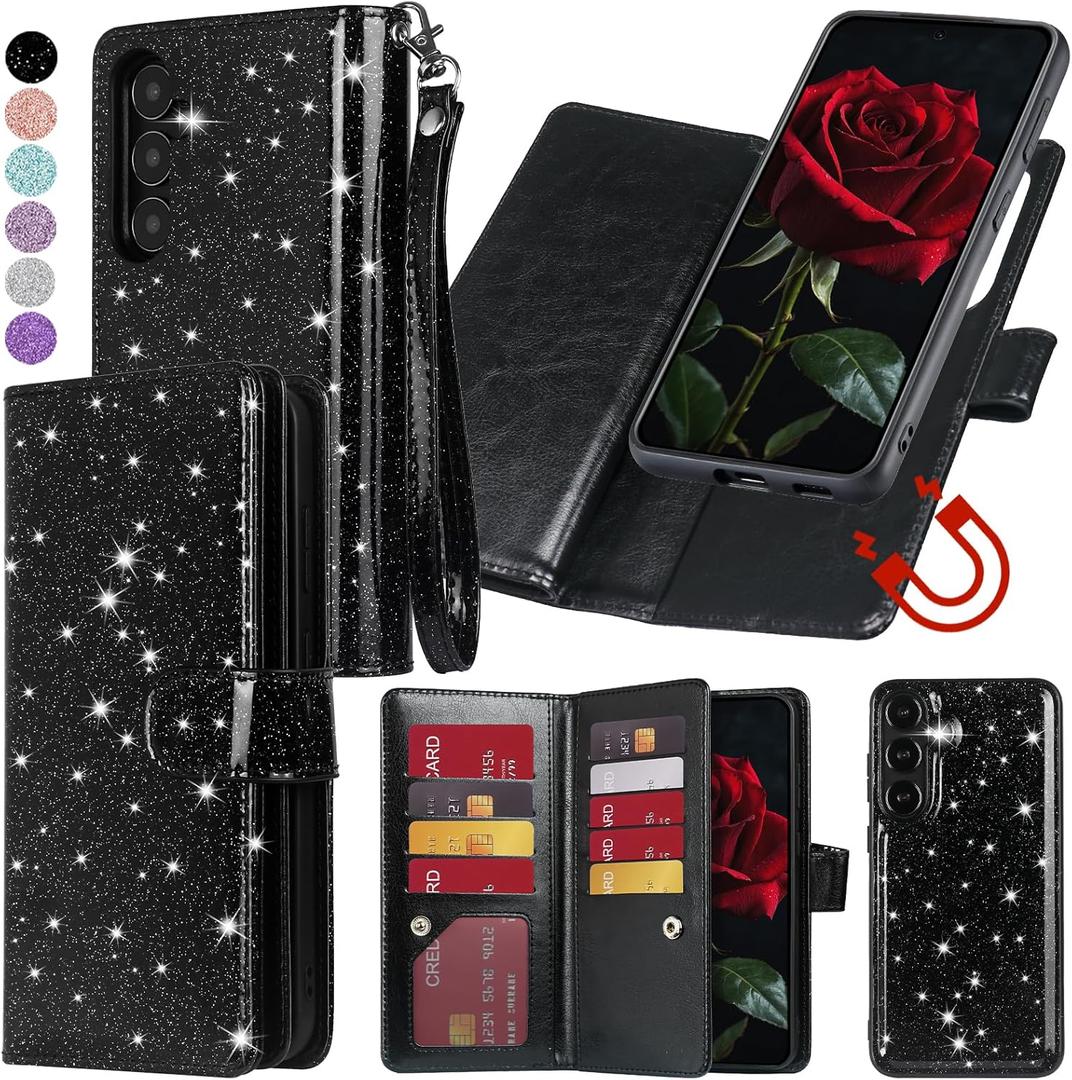 Varikke for Galaxy S24 Wallet Case Detachable with Card Holder for Women, Fashion PU Glitter Leather Strap Magnetic Flip Wallet Removable Phone Case Cover for Samsung Galaxy S24 5G 6.2", Black