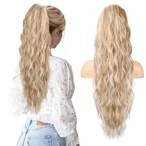 HOOJIH Ponytail Extension, Drawstring Ponytail Hair Extensions 26 Inch Long Curly Wavy Ponytail Natural Wavy Synthetic Hairpiece for Women Daily Use - Light Golden Blonde with White Blonde