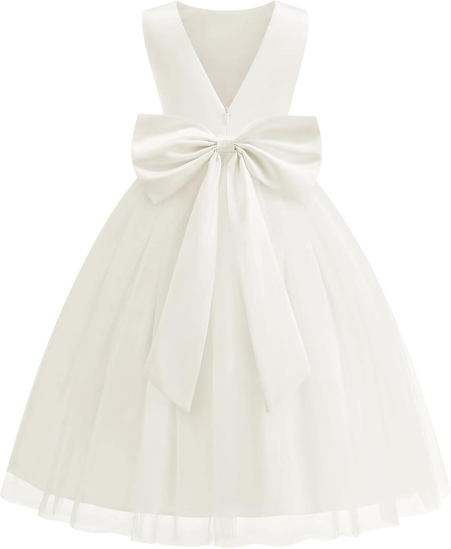 Flower Girl Dress Girls Dresses Wedding Satin V-Back Pearls for Pageant Prom Ball Gowns Party (4-5T)