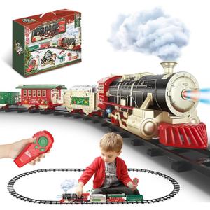 JQ JUQU Remote Control Train Set for Kids Ages 3-8 with Steam, Lights and Sounds, Electric Toy Train with 4 Cars and Tracks for Indoor Play and Holiday Decor
