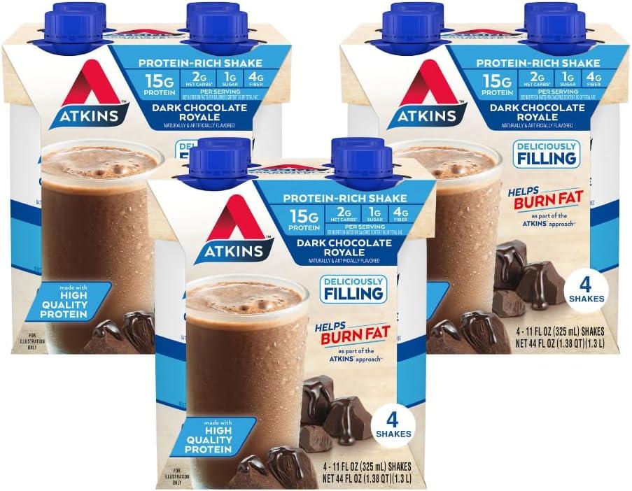 (3 pack) Atkins Dark Chocolate Royale Flavored High Protein Shake, Keto Shake, Low Carb Protein Shake, 4 Ct, BBD 05/16/26