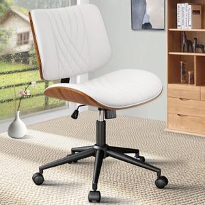 CLATINA Armless Home Office Chair, Desk Chair with Wheels, Adjustable Height Reading Chair, Leather Mid Back & Swivel Computer Chair, Modern Walnut Chairs with Back for Studio Meeting Room(White) (1 Pack)