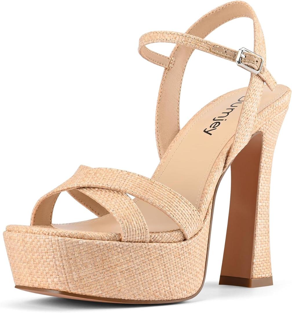 Women Platform Heel Raffia Sandals with Ankle Strap Chunky Heels Open Toe Buckle Shoes for Prom Party Dress - Raffia Beige 5.5 US