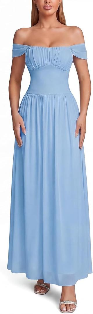 Summer Formal Wedding Guest Off the Shoulder Maxi Dress Women 2026 (Blue, L)