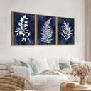 Large Framed Canvas Wall Art - Natural Float Framed Rustic White Leaf Pictures Wall Art Prints for Living Room Decor Indigo Plant Artwork Decorations for Bedroom Kitchen Home Office 60" X 28" Set of 3, 20" X 28" X 3pieces Framed