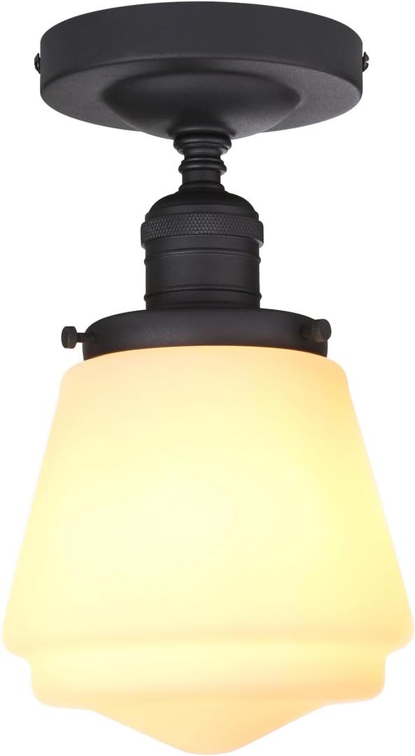Industrial Semi Flush Mount Ceiling Light with Milk White Glass Pendant Lamp Shade, Vintage Close to Ceiling Light Fixture for Porch, Hallway, Entryway, Kitchen, Bedroom, Hotel (Black)