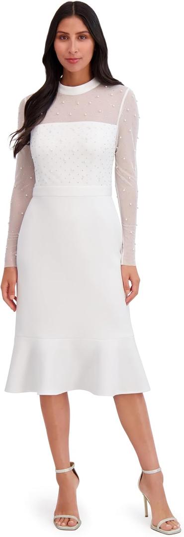 London Times Women's Midi Dress - Sheer Mesh Long Sleeves Sequin Embellished Yoke - Fitted Skirt with Flounce Hem - Elegant Cocktail Dresses (White), 10P