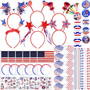 UMEELR 126Pcs Patriotic Party Supplies, 4th of July Party Accessories with Necklaces Headbands Shutter Glasses Flags Glow Sticks for 4th of July Independence Memorial Day Party Favor