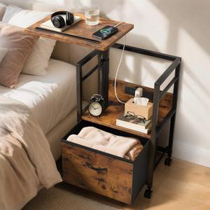 Swivel Lift Top Nightstand with Charging Station, 2-Tier 360° Adjustable Bedside Table, Rolling Night Stand with Wheels, Small End Table with Fabric Drawer, for Bedroom, Living Room, Rustic Brown