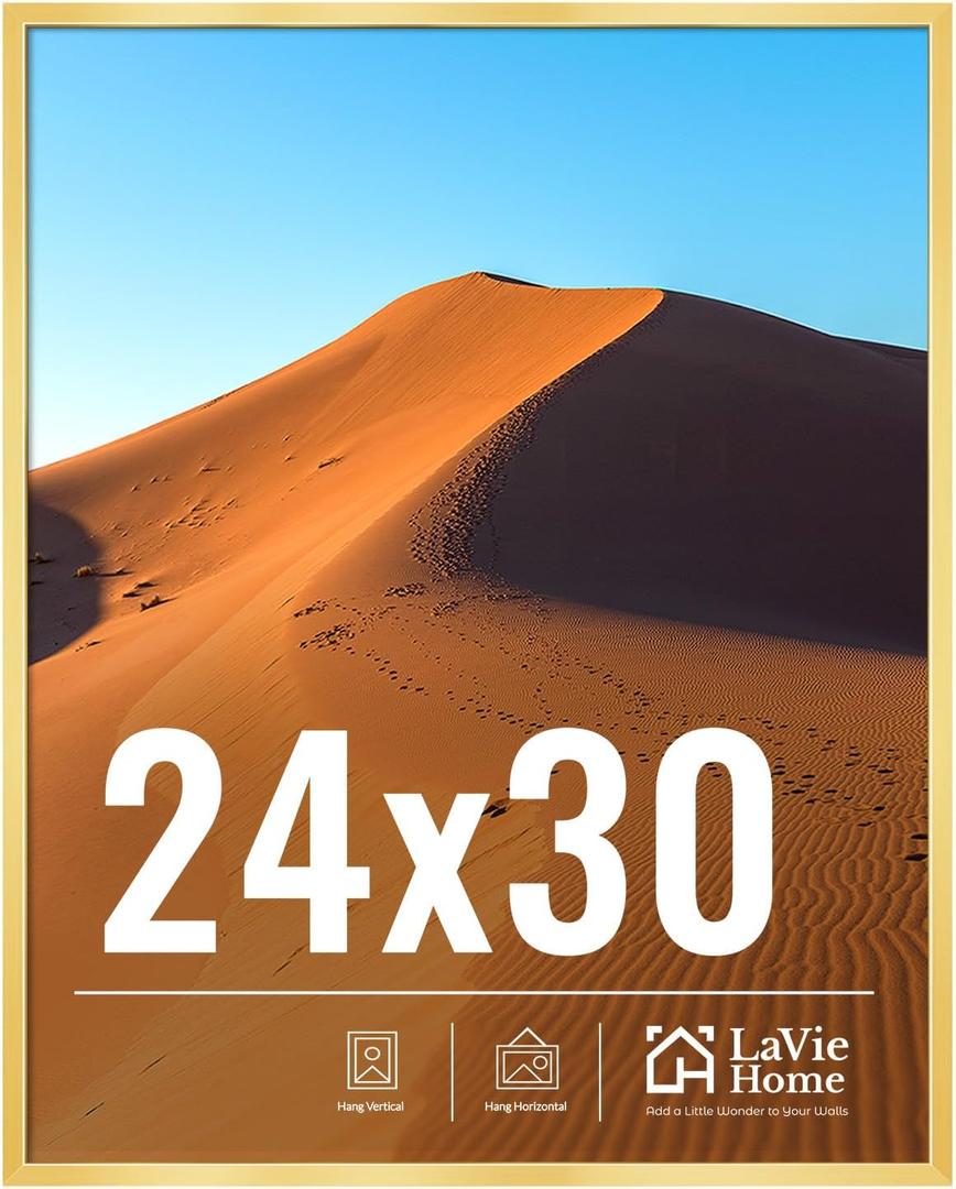 LaVie Home 24x30 Picture Frame for Wall Display, 24x30 Gold Picture Frame with HD Plexiglas, 24 x 30 Poster Frame 1 Pack, Display Frame for Vertical or Horizontal, Classic Collection
