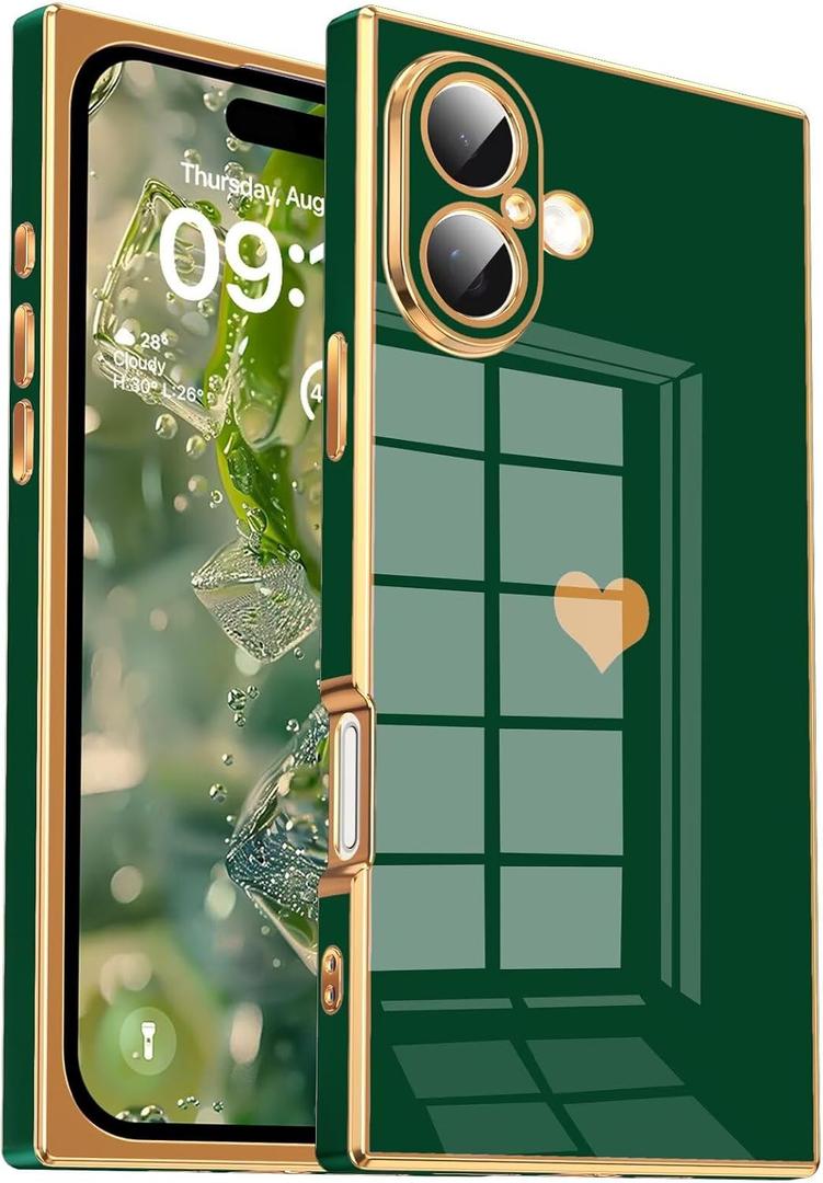 Tzomsze Compatible with iPhone 16 Case,Camera Protection Cute Heart Pattern & Electroplate Reinforced Corners Shockproof Edge Bumper Case for Women Girls-Dark Green