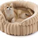 Bedsure ComfyFleece Cat Bed, Washable Round Cute Pet Beds for Indoor Cats, Super Soft Corduroy Kitten Bed with Anti-Slip Bottom, 20''x20''x8'', Sandy Beige