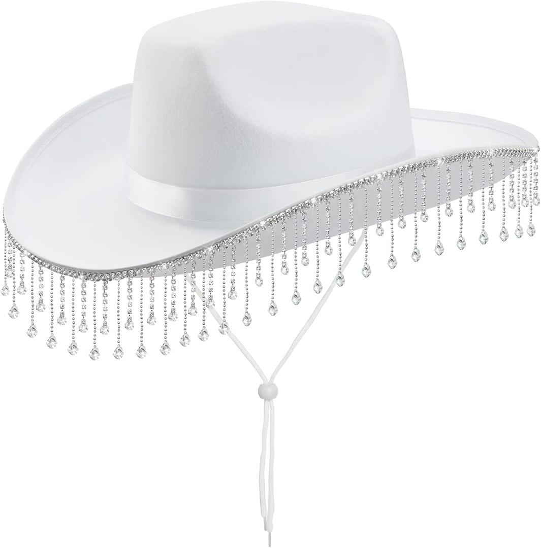 quescu Bridal Cowgirl Hat for Bachelorette Party,Rhinestone White Cowboy Hat for Women Bride To Be Gift,Halloween Costume (Style 2)