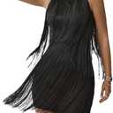 BEAUDRM Women's Boho Fringe Mini Dress Club Party Dresses Sleeveless Tassel Cowgirl Outfits Black X-Large