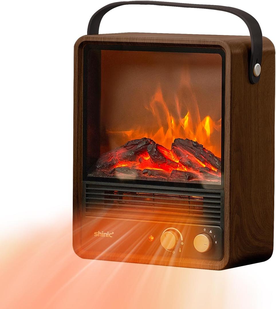 Shinic Portable Fireplace Heater for Indoor Use,1500W Fireplace Space Heater with Thermostat, Realistic 3D Flame & Crackling Sound, ETL Listed Home Office (Walnut)