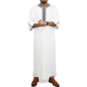 Men's Casual Long Kaftan Robe With Elbow Sleeves And Embroidered Neckline Lightweight, Large, Black and White