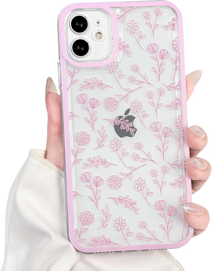 NITITOP Compatible with iPhone 11 Case Cute Clear Pink Durable Flower Floral Leave for Girls Women Soft TPU Transparent Colourful Frame Full Camera Lens Shockproof Protective Cover - Pink