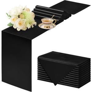 Q&J Fabric Co 12 Packs Satin Black Table Runner Festive Gifts, 12x108 Inches Long, Silk-Like Smooth Satin Table Decor for Christmas Thanksgiving Wedding Birthday Party Banquets Decorations