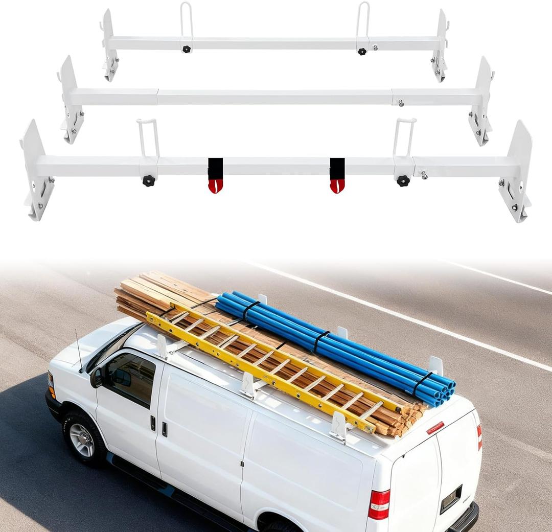 Van Roof Ladder Rack, 3 Adjustable Crossbars (48"-67") with Rain Gutter Mounts, Compatible with Chevy Express 1500/2500/3500 and GMC Savana Cargo Vans