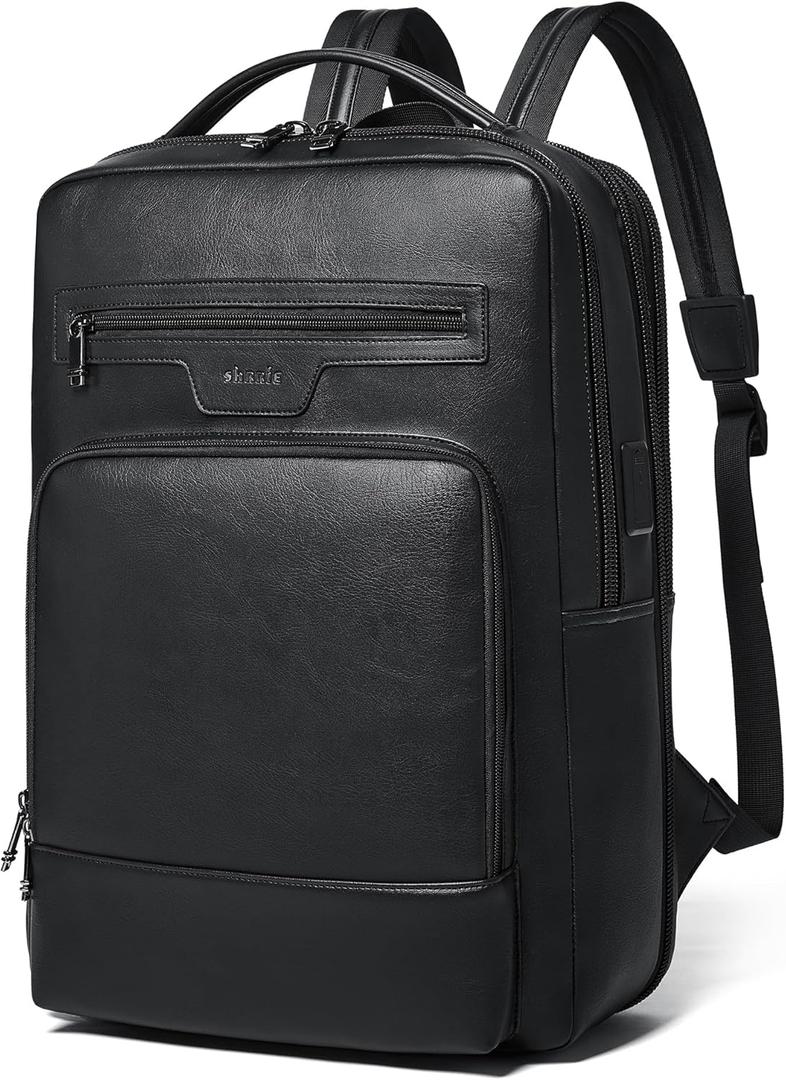 Shrrie Leather Laptop Backpack for Women and Men,28 L Travel Backpack Computer Bag Fits 16 inch Laptop,Expandable Casual Daypack with USB Charging Port for Work Business Weekender College,Black