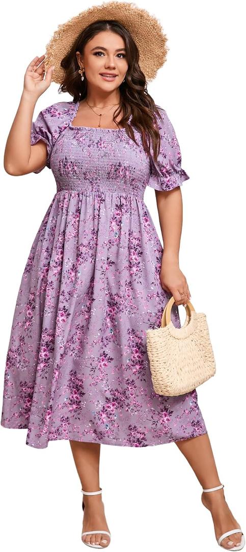 KOJOOIN Womens Puff Sleeve Summer Floral Dress Plus Size Smocked Ruffle Square Neck Casual Dress Cute Midi Dress (3X-Large, Purple Flower)