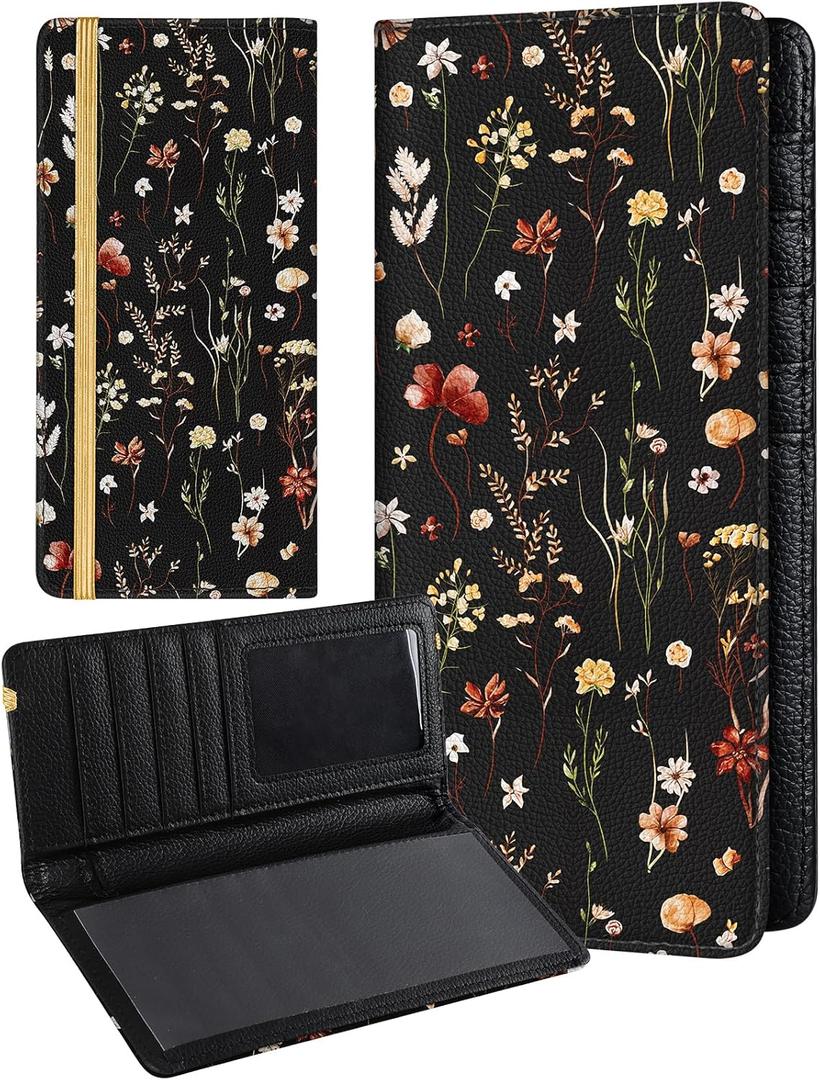Slohif Checkbook Cover for Personal Duplicate Checks - Women Check Book Wallet Holder Black Flowers Top Side Tear