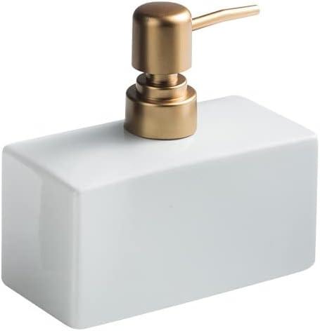Modern Soap Dispenser with Matte Golden Pump for Bathroom, 13.5 oz Ceramic Rectangle Lotion Dispenser, Refillable Dish Soap Dispenser (White) (Medium)