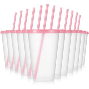Mifoci 12 Pcs Plastic Tumbler with Lids and Straws Reusable Plastic Tumblers Bulk Mug Tumbler with Straw and Lid Tumbler Ice Cold Drinking Cup for Water Smoothie Birthday Party (Pink,16oz)