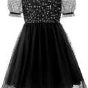 Girls Sequin Tulle Dress Sparkly Mesh Overlay Party Gown (6-7 Years, Twinkledot-black)