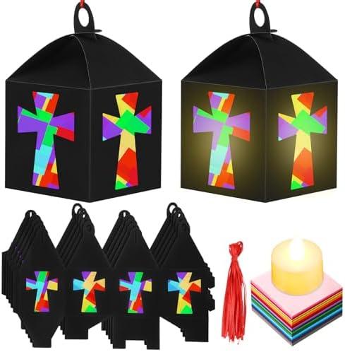 Simgoing 12 Sets 2026 VBS Sunday School Crafts Illumination Themed Religious Cross Crafts with LED Candle Light DIY Christian Cross Lantern Tissue Paper Kits Religious Hanging Church Ornament