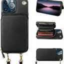 Bocasal Crossbody Wallet Case for iPhone 13 Pro, RFID Blocking Leather Purse Case with Card Holder, Protective Handbag Flip Cover with Zipper Wrist Strap Lanyard for Women 5G 6.1 Inch (Black)