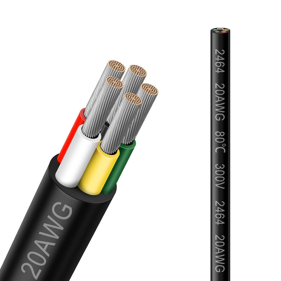 20 Gauge 5 Conductor Electrical Wire, 50FT 2464 20AWG 5 Wire Cable Black PVC Stranded Tinned Copper, 20/5 Cord Extension Low Voltage Cable