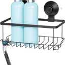 iDesign Everett Metal Push Lock Suction Shower Caddy, Extra Space for Shampoo, Conditioner, and Soap with Hooks for Razors, Towels, Loofahs, and More, 9.1" x 4.53" x 3.63", Matte Black