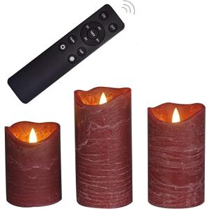 iZAN 3 Pack Real Wax Flameless Pillar Candles, 3”D X 4" 5" 6" H (Burgundy)