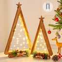 NatuBeau 2 Pcs Triangle Tabletop Wooden Christmas Tree with Lights, Modern Farmhouse Rustic Christmas Decor, Small Lighted Xmas Tree for Kitchen Mantle Shelf Living Room (14.2" Large / 11" Small)