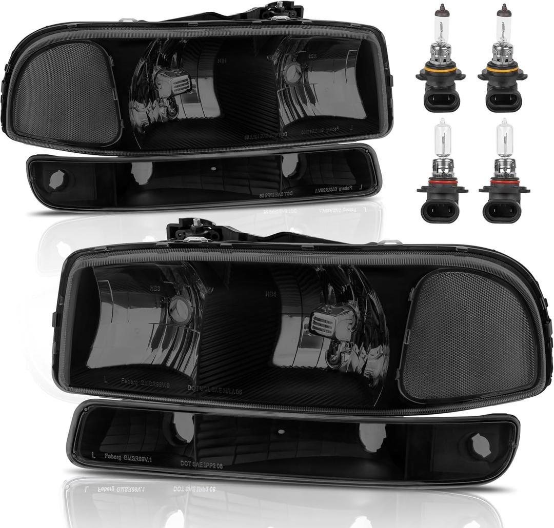 Headlight Assembly Front Lamp Compatible with 1999-2006 GMC Sierra 1500 2500, 2000-2006 GMC Yukon with Black Housing/Smoked Lens/Clear Corner with Bulbs
