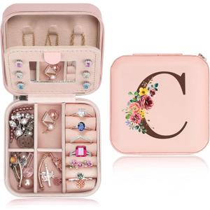 Travel Jewelry Box for Women Girls, Pink Travel Jewelry Box for Jewelry Organizer,Birthday Gifts for Women Christmas Gifts for Girls/Cute personalized traveling jewelry case (Pink-C)