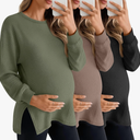 3 Pack Women's Maternity Shirts Long Sleeve Waffle Knit Side Split Oversized Tops Pregnancy Clothes Fall Tees (L, Army Green, Coffee, Black)