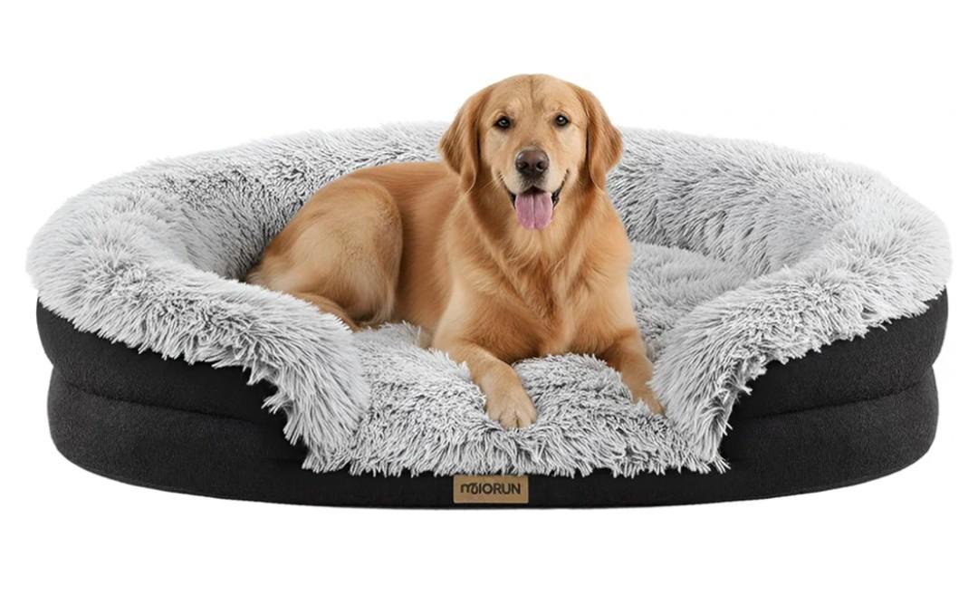 Fluffy Orthopedic Dog Bed for Large & Extra Large Dogs, Calming Plush Sofa Bed with Curved Bolster Support and Egg-Crate Foam Base, 43" Cozy Oval Pet Donut Bed with Washable Cover, Gray