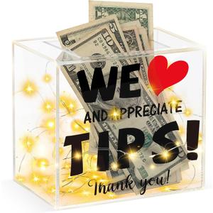 YLOLUL Light Up Tip Jar Acrylic Tip Box for Bartender Bars 6 X 5.4 X 4 Inch Tip Jar for Money Tip Collection Box Donation Suggestion Box Money Storage Container for Restaurants Musicians Driver (USB) (Clear)