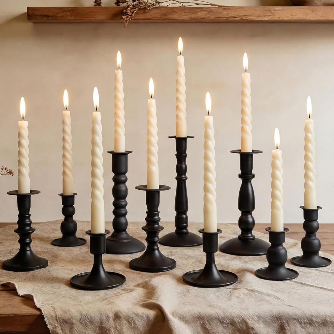 Mumufy Matte Candlestick Holders, Metal Wedding Taper Candle Holders Vintage Candles Stand Set, Candle Stick Decor for Mantel Table Centerpiece Wedding Dining Table Decor Mantelpiece(Black,10 Pcs)