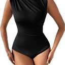Milumia Women's Ruched Tank Top Sleeveless Mock Neck Bodysuit Fitted Jumpsuit Tops, M
